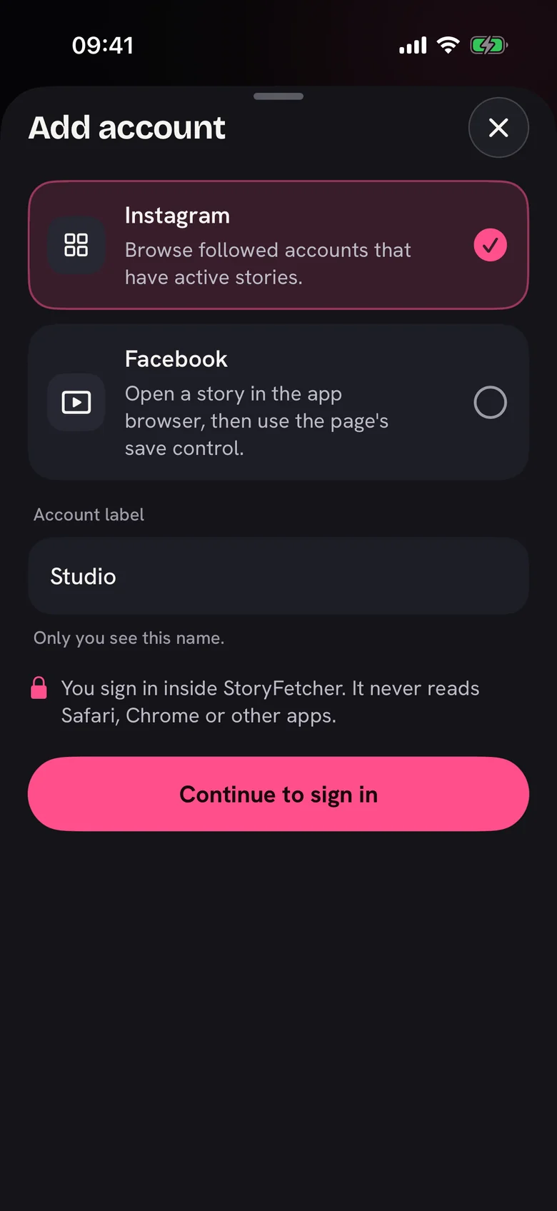 The Add account sheet with the label Studio and Instagram chosen.
